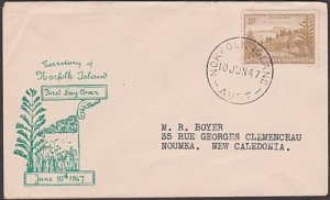 NORFOLK IS 1947 Ball Bay 2/- on FDC to New Caledonia........................X202 
