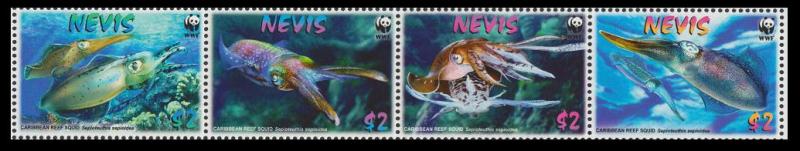 Nevis WWF Caribbean Reef Squid Strip of 4v SG#2155-2158 MI#2380-2383