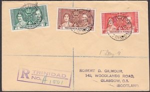 TRINIDAD 1937 Coronation set on registered FDC to UK.......................a3762