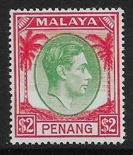 MALAYA PENANG SG21 1949 $2 GREEN & SCARLET MTD MINT 