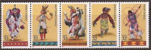 US Stamp 1996 Native American Dances - 5 Stamp Strip - Scott #3072-6