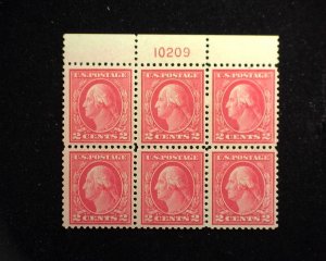 HS&C: Scott #500 Top margin block of 6, PL#10209  Rare, Mint XF VLH