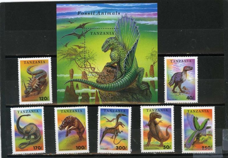 TANZANIA 1994 PREHISTORICAL ANIMALS/DINOSAURS SET OF 7 STAMPS & S/S MNH