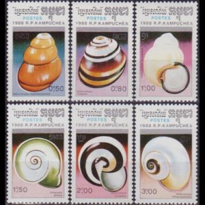 CAMBODIA 1988 - Scott# 885-90 Seashells 50c-3r NH