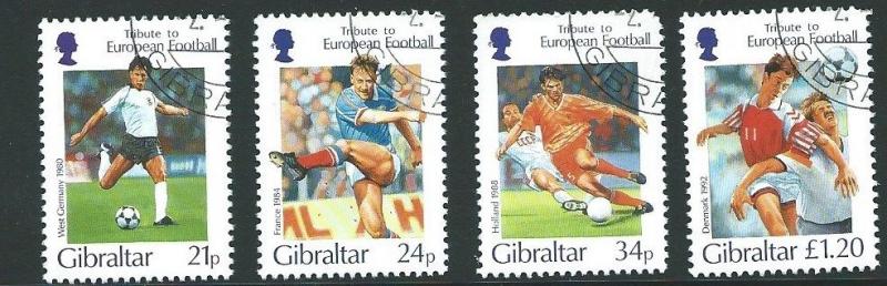 GIBRALTAR SG771/4 1995 EUROPEAN FOOTBALL SHORT PERF 34p RIGHT CORNER FINE USED