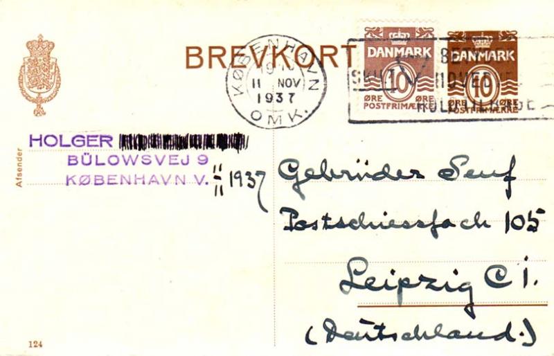 Denmark 10o Numeral on 10o Numeral Postal Card 1937 Kobenhavn, Omk. Skilt Bet...