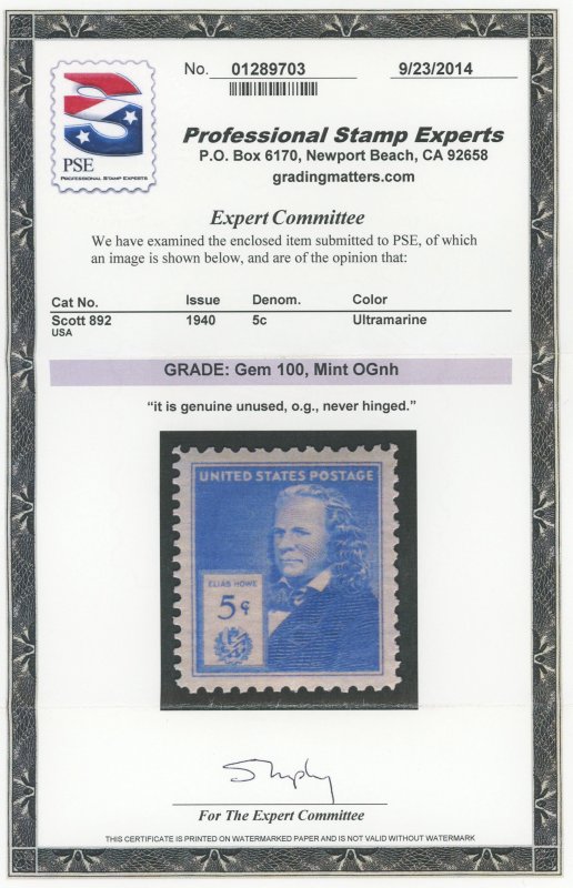 USA 892 - 5 cent Howe - PSE Graded Certificate: GEM 100 Mint OGnh