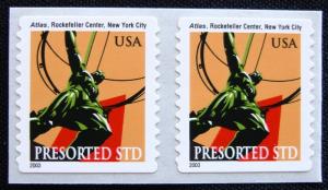 US #3770 MNH Coil Pair, Atlas Statue, NYC SCV $.40 