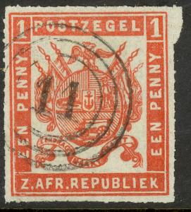TRANSVAAL 1875-76 1d Orange Red COAT OF ARMS Issue Sc 36 VFU