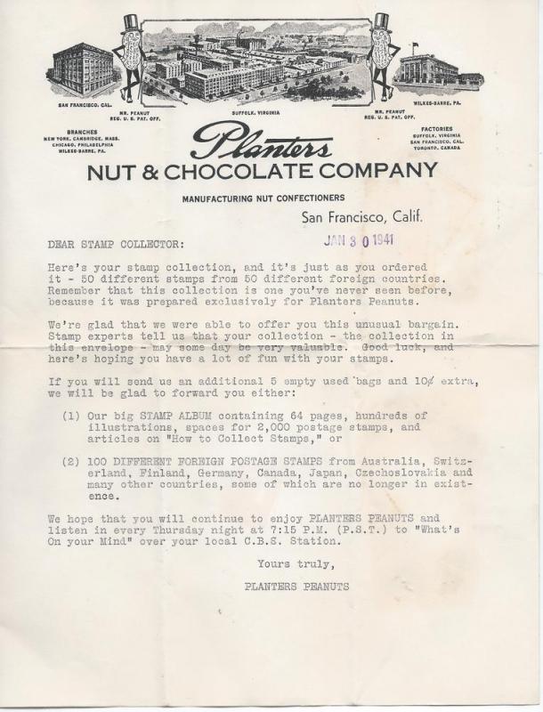 Planters Nut Co. world stamp offer Letters of Jan 30, 1941