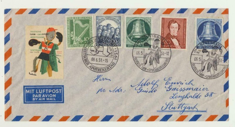 GERMANY 1951 APOTHEKERTAG & SPORTAUSSTELLUNG CDS + SPORTS LABEL ON COMMEM COVER 