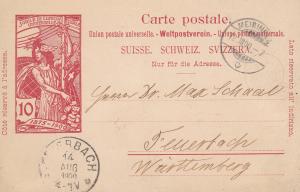 Switzerland 1900 10c UPU Postal Card Meirinhein to Teuerbach, Nice Cancels.