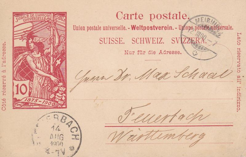 Switzerland 1900 10c UPU Postal Card Meirinhein to Teuerbach, Nice Cancels.