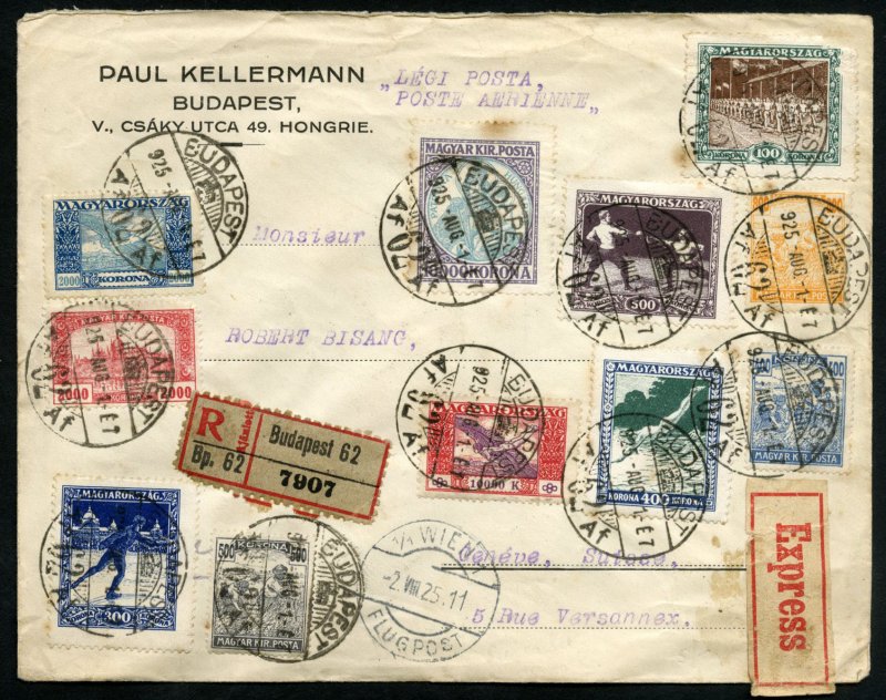 Hungary #B82-84, 1925 Registered airmail cover to Switzerland, attractively f...