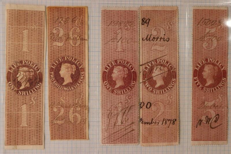 GB Life insurance Policy lot 1854-1872 Bft#3,5,28,39,41 Revenue Duty lot used DL