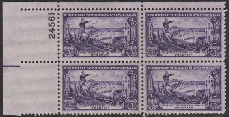 SC#1003 3¢ Battle of Brooklyn Anniversary Plate Block: UL #24561 (1951) MNH