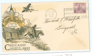 US 729 1933 3c Chicago Century of progress (perf) single on an addressed first day cover with a Linprint cachet (corner bend)