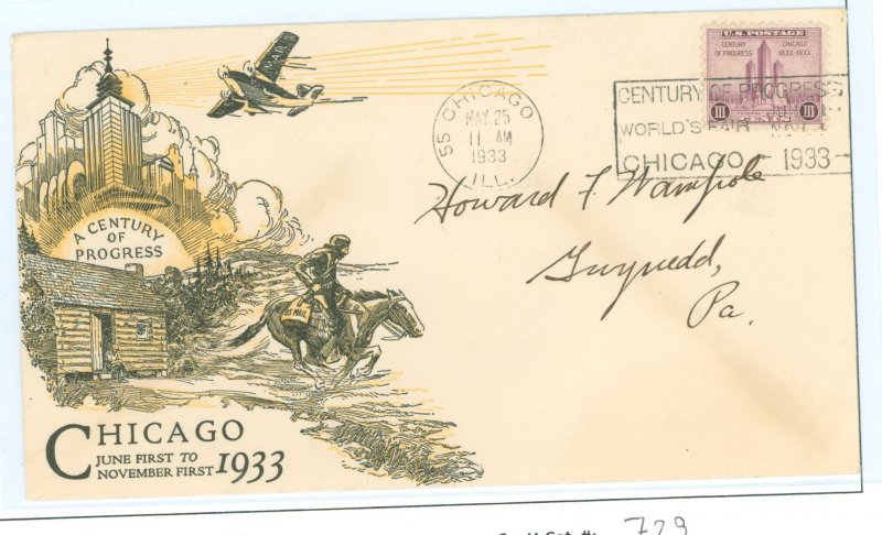 US 729 1933 3c Chicago Century of progress (perf) single on an addressed first day cover with a Linprint cachet (corner bend)