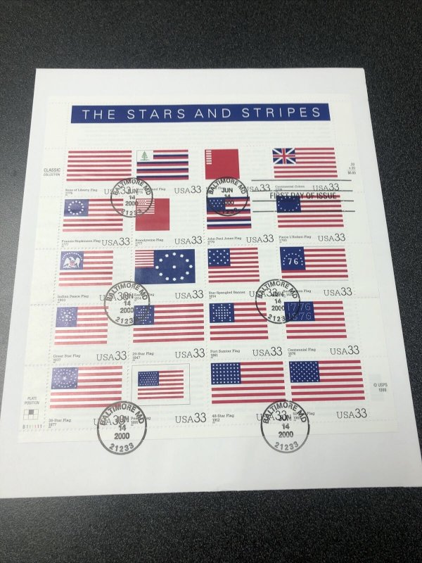 US FDC 2000 USPS Souvenir Page Stars and Stripes 20 Stamps Scott 3403 On Cover 