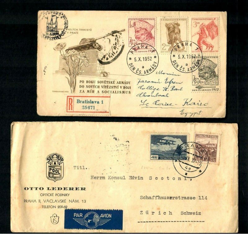 PH1y 4 covers Cz. Reg. 1952 Tank, 1949 Par Avion PRAHA 7, Reg. to N.Y. Numerous