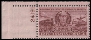 US 993 Railroad Engineers 3c plate single UL 24191 MNH 1950