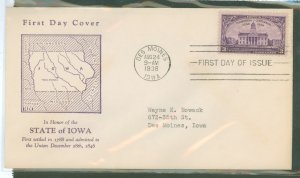 US 838 1938 3c Iowa Territorial Centennial On An Addressed, Typed, FDC With A Hux-Cut Cachet