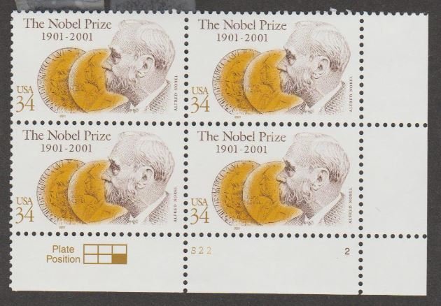 U.S. Scott #3504 Nobel Peace Prize Stamps - Mint NH Plate Block