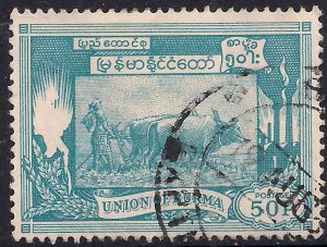 Union of Burma 1954 QE2 50 pies Blue used SG 146  ( 421 )