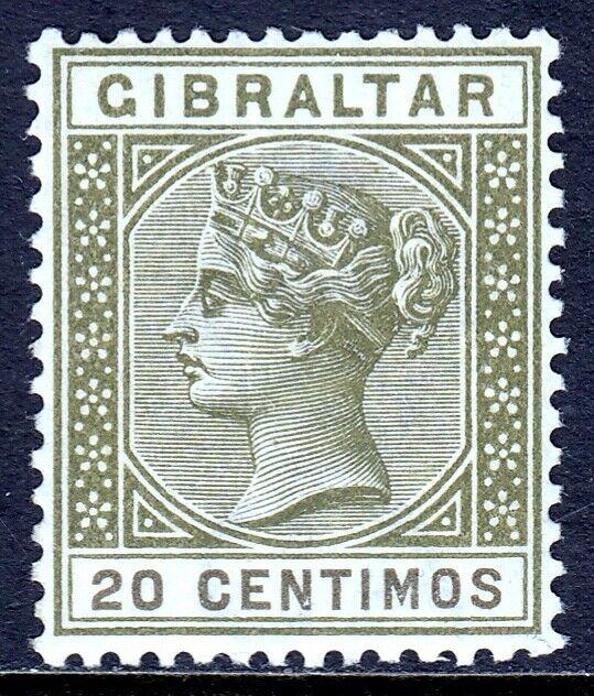 GIBRALTAR — SCOTT 31A (SG 24) — 1895 QV 20c OL. GR. & BRN. — MH — SCV $50.00