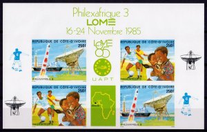 Ivory Coast 1985 Sc#C98a SPACE ARIANE 1 -SOCCER - SHIP PAIR DELUXE IMPERFORATED