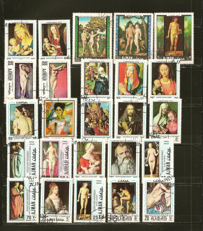 Ajman Collection of 25 Different 1960's-1970's Art Stamps CTO