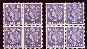 St Lucia 1954 QEII 5c in both listed shades in blocks superb MNH. SG 176, 176a.