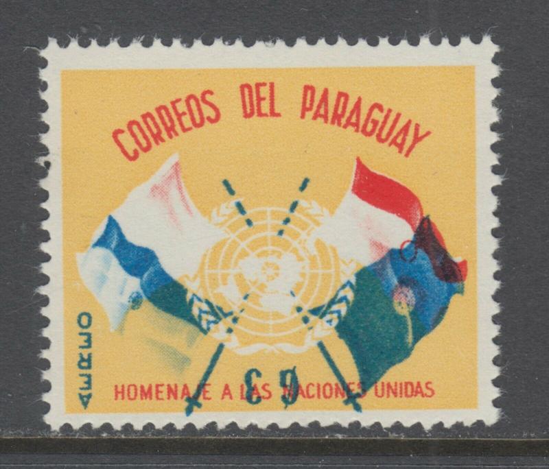 Paraguay Sc C272 MNH. 1960 3g UN Crossed Flags, Inverted Center, perf stain