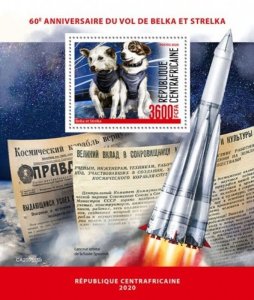 Central Africa - 2020 Belka & Strelka Flight - Stamp Souvenir Sheet - CA200515b