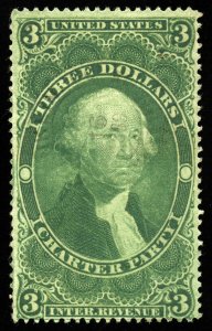 B634 U.S. Revenue Scott #R85c $3 Charter Party faint handstamp cancel