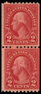 US Sc 606 MNH JOINT LINE COIL PAIR -1923 2¢ Washington - Very Fresh, Good Color