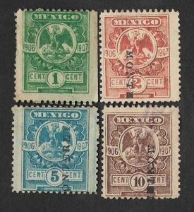 SE)1907 MEXICO, 4 FISCAL STAMPS, COAT OF ARMS 1C, 2C, 5C AND 10C WITH MONTERREY