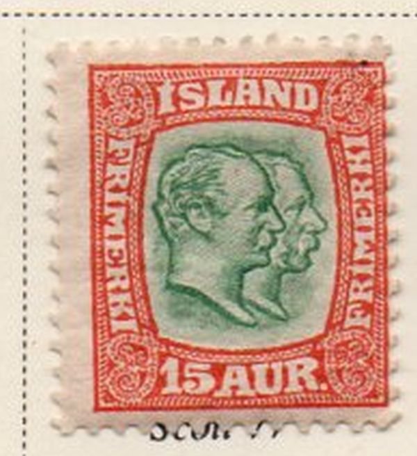 Iceland Sc 77 1907 15 aur red & green 2 Kings stamp mint