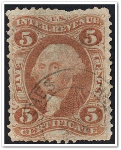 R24c 5¢ Revenue: Certificate (1862-71) Used