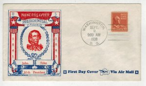 1938 PRESIDENTIAL SERIES EDWARD WARNEFORD CACHET 815 JOHN TYLER AIRMAIL USE