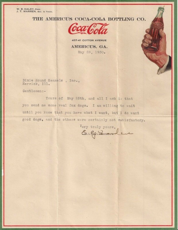 AMERICUS GA COCA-COLA LETTERHEAD hand with bottle design 1930 Fresh Dixie Hounds