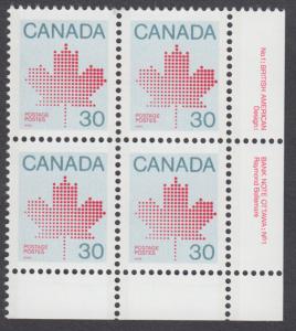 Canada - #923 Maple Leaf Plate Block - MNH