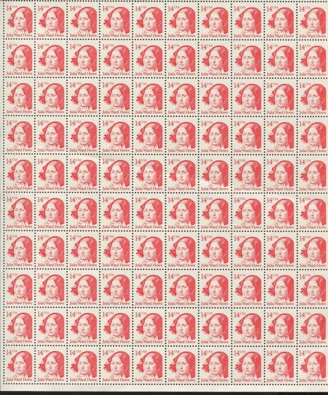 Pane of 100 USA Stamps 2176 American Poet Julia Ward Howe Brookman Price $62