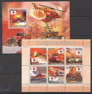 Uu0839 2007 Sao Tome & Principe Special Transport Fire Trucks Engines Bl+Kb Mnh