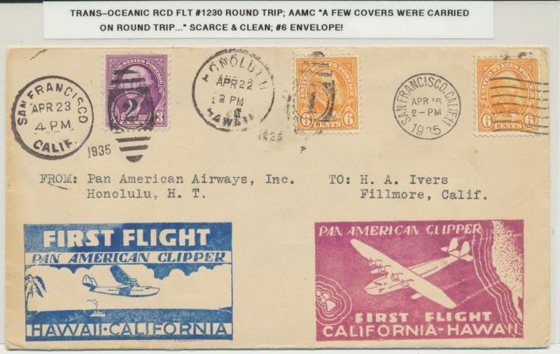 USA 1934 S.F.-HONOLULU TRANS PACIFIC ROUND TRIP COVER, FLT#1230  (SEE BELOW)