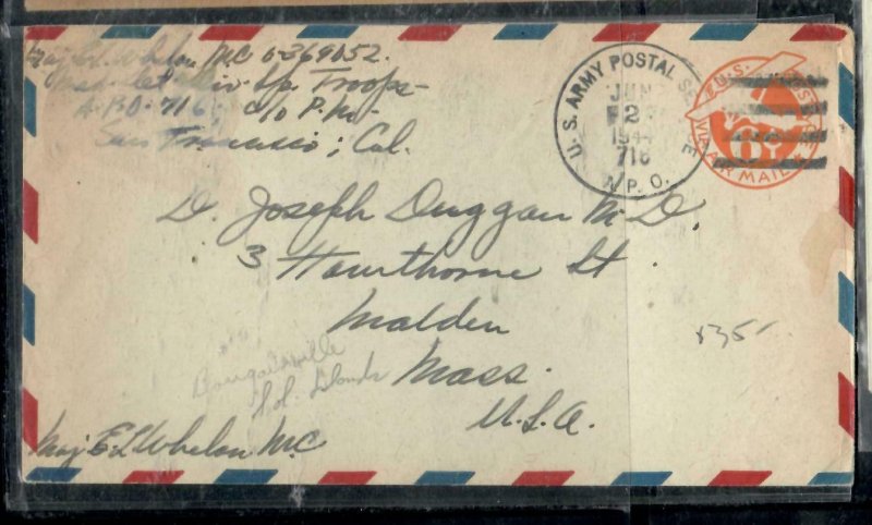 BRITISH SOLOMON ISLANDS COVER (PP0806B)  1944 US 6C PSE FROM BOUGANVILLE TO USA