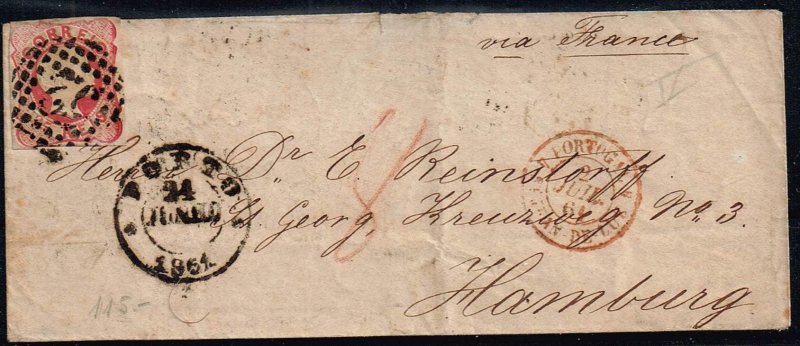 Portugal 1861, Scott#11 used on cover from Porto to Hamburg (Germany)