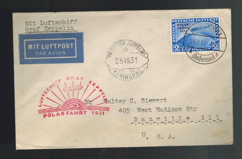 1931 Germany Graf Zeppelin Leningrad Cover Polar Flight LZ 127 # C41 to USA