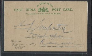 BURMA  (P0110B) 1892 INDIA USED IN SENT TO RANGOON PRINTED MSG