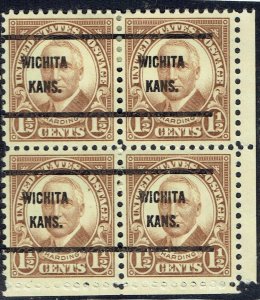 US: 1930 1.5c HARDING marginal block/4 with WICHITA KS (648-61) precancel.